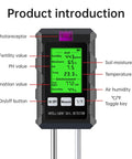 All In One Soil Test Kit With Digital Moisture Meter And pH Tester Large Screen Measures Fertility Temperature Sunlight And Air Humidity For Garden Greenhouse And Farm Use For Your Garden Crew Requires 2 AAA Batteries, front view