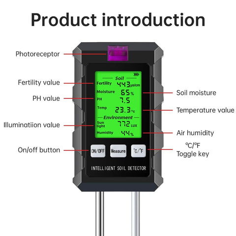 All In One Soil Test Kit With Digital Moisture Meter And pH Tester Large Screen Measures Fertility Temperature Sunlight And Air Humidity For Garden Greenhouse And Farm Use For Your Garden Crew Requires 2 AAA Batteries, front view