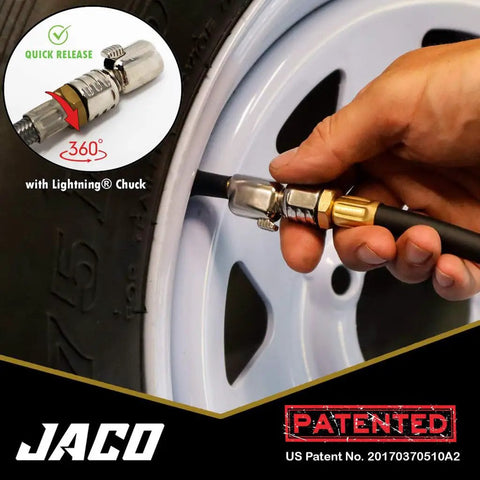 FlowPro 2.0 Digital Tire Inflator With Pressure Gauge 200 PSI connected to car tire using quick release chuck