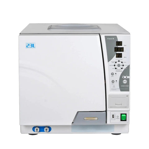 23 Liter Class B Steam Autoclave With Built In Printer, front view showing control panel and outlets, for tattoo and lab use.