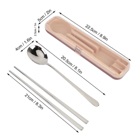 Stainless Steel Travel Utensils Set With Case, Portable Silverware Kit with chopsticks and spoon alongside pink case