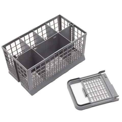 Universal Dishwasher Cutlery Basket For Utensils Fits Most Brands Like GE Whirlpool Samsung Bosch Maytag KitchenAid Kenmore No Fuss Easy To Load Durable Plastic 9.5In Long 5.4In Wide 4.8In High, showing grey basket with compartments and a removable handle