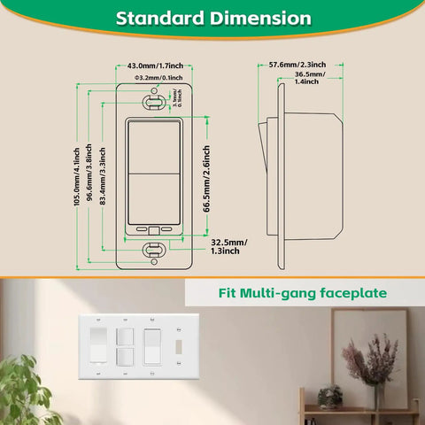 Dimensions of Tasmota Smart Switch 4 Pack Built In ESP8266 2.4GHz WiFi Light Switch For Home Automation Single Pole Neutral Required Easy Install