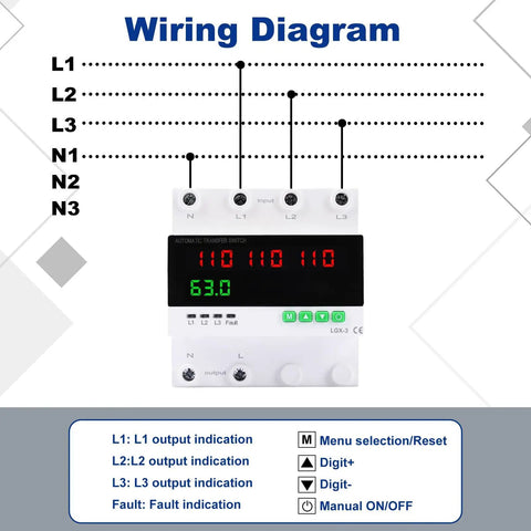 63A 110/120V Triple Power Automatic Transfer Switch For Seamless Backup Power Switching Between Utility Power, Generator, And Inverter With Overcurrent, Overvoltage, And Undervoltage Protection wiring diagram