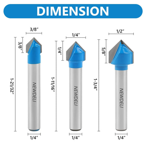 Dimensions of Six Piece Round Nose Router Bit And 90 Degree V Groove Router Bit Set with 1/4 inch shank shown in image.