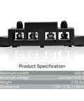 Beefy 400 Amp Busbar With Six M8 Studs For Parallel Battery Banks Rock Solid 600 Volt Handling side view with specifications