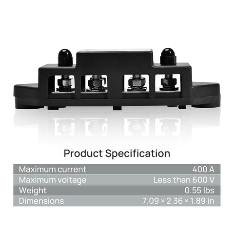 Beefy 400 Amp Busbar With Six M8 Studs For Parallel Battery Banks Rock Solid 600 Volt Handling side view with specifications