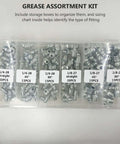 Premium 260 Pc Grease Fitting Assortment Kit With Storage Box Featuring Galvanized Iron Zerk Nipples In 90, 45 Degree Angles And Straight Styles For Bearings Plus Mechanical Assemblies To Keep Your Rides Running Smooth As Butter, labeled compartments