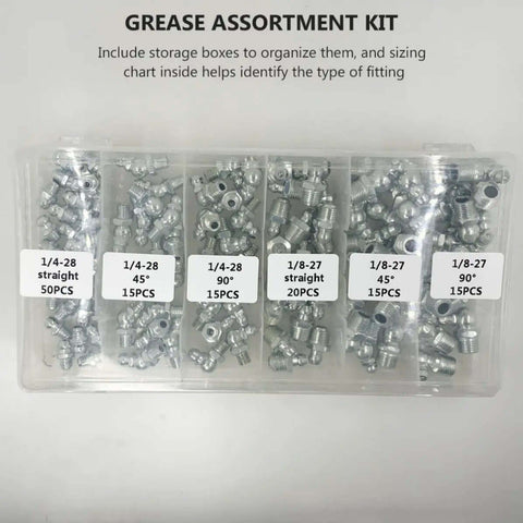 Premium 260 Pc Grease Fitting Assortment Kit With Storage Box Featuring Galvanized Iron Zerk Nipples In 90, 45 Degree Angles And Straight Styles For Bearings Plus Mechanical Assemblies To Keep Your Rides Running Smooth As Butter, labeled compartments