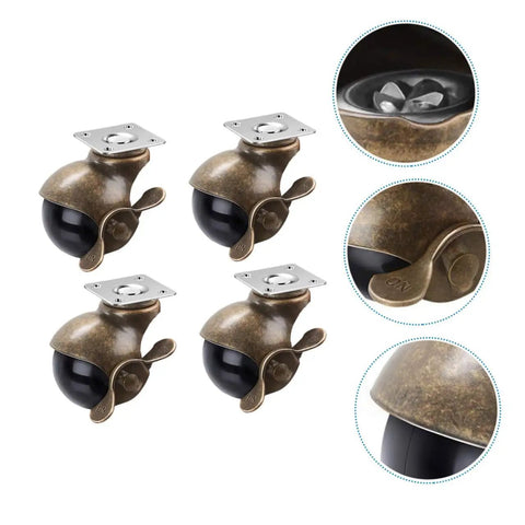 4 Pack Rock Solid Heavy Duty Vintage Brass Universal Casters With Ball Bearing Swivel Rollers Twin Wheel Locking Brakes For Office Chairs Furniture Workbench close-up view of casters with locking brakes.