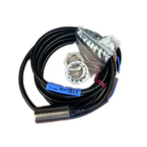 Rock Solid Metal Proximity Sensor Switch Featuring Extended Range Amplifier Unit Split Design built tough with cable and mounting parts.