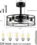 20 Inch Black Caged Ceiling Fan With Light Remote Included Industrial Fandelier For Kitchen Bedroom And Outdoor Use Farmhouse Style With 3 Speed Timer Low Key Copper Motor showing fan dimensions and remote control