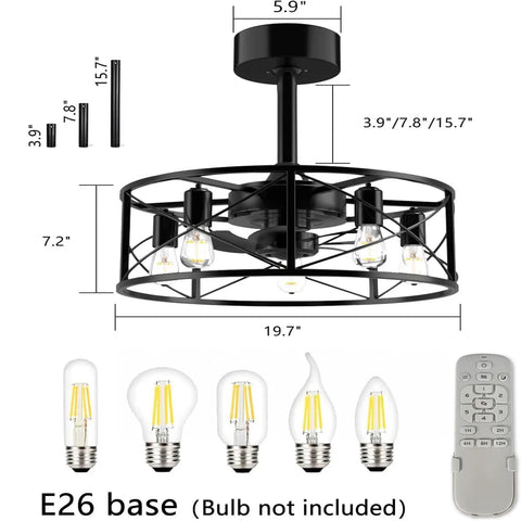 20 Inch Black Caged Ceiling Fan With Light Remote Included Industrial Fandelier For Kitchen Bedroom And Outdoor Use Farmhouse Style With 3 Speed Timer Low Key Copper Motor showing fan dimensions and remote control