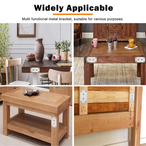 Beefy Heavy Duty Wood Brackets Set 10pcs Stainless Steel Flat Mending Plates used on various wooden furniture for stability.