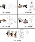 Detailed view of SS-12F44G5, SS-12F23G5, SS-12F15G6, SS-12D07VG3, SS-13D07G4 from 150Pcs Mini Micro Slide Switch Kit With 17 Value Types 2Pin 3Pin 4Pin DIP Toggle Switches On Off And On Off On Modes For DIY Breadboard Prototyping And Electronic Board Mount with technical diagrams.