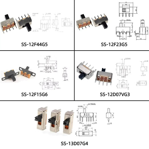 Detailed view of SS-12F44G5, SS-12F23G5, SS-12F15G6, SS-12D07VG3, SS-13D07G4 from 150Pcs Mini Micro Slide Switch Kit With 17 Value Types 2Pin 3Pin 4Pin DIP Toggle Switches On Off And On Off On Modes For DIY Breadboard Prototyping And Electronic Board Mount with technical diagrams.