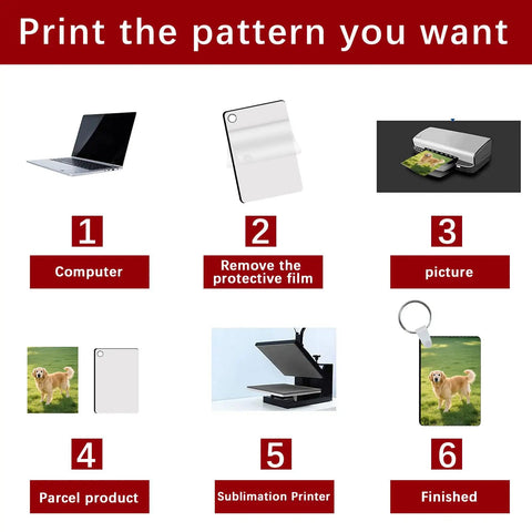 20 Pcs Sublimation Keychain Blanks Set Double Sided MDF Rectangle Ornaments For DIY Heat Press Printing step-by-step process.