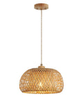 Totally Fresh Handmade Woven Bamboo Pendant Light Fixture Adjustable Boho Basket Hanging Lamp showcasing warm lighting with woven bamboo design.