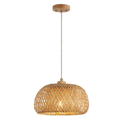 Totally Fresh Handmade Woven Bamboo Pendant Light Fixture Adjustable Boho Basket Hanging Lamp showcasing warm lighting with woven bamboo design.