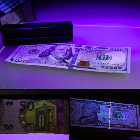 Dual Head UV Light With USB Power, 395nm To 405nm Dimmable Black Light Lamp illuminating currency for verification