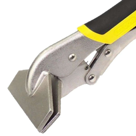 Close-up of Locking Sheet Metal Clamp Heavy Duty Pliers, showing the gripping head in use for flattening metal panels, ideal for DIY and pros.