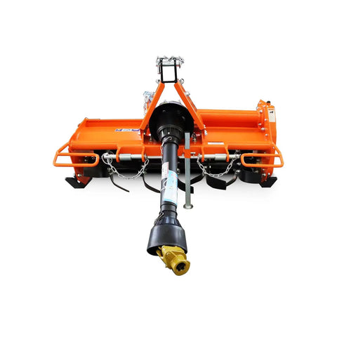 Front view of a Category 1 Three Point Tiller Attachment for Tractors, showing the PTO Driven Cultivator with 540 RPM Gearbox