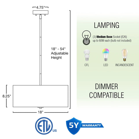 Diagram of Pearl 18 Inch Modern 3 Light Drum Pendant Chandelier with adjustable height, lamping options, and warranty details.