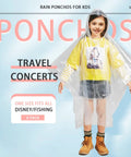 Child wearing Six Pack Kids Disposable Rain Ponchos Fifty Percent Thicker Emergency Rain Gear Clear Plastic Ponchos With Hat Rope To Keep Heads Dry Durable Yet Lightweight For Outdoor Play And School Trips.
