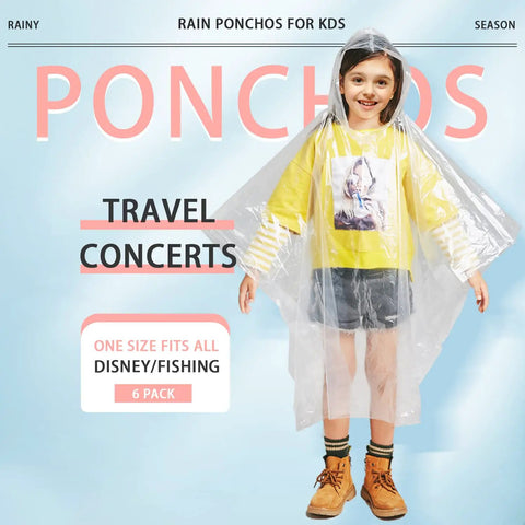 Child wearing Six Pack Kids Disposable Rain Ponchos Fifty Percent Thicker Emergency Rain Gear Clear Plastic Ponchos With Hat Rope To Keep Heads Dry Durable Yet Lightweight For Outdoor Play And School Trips.