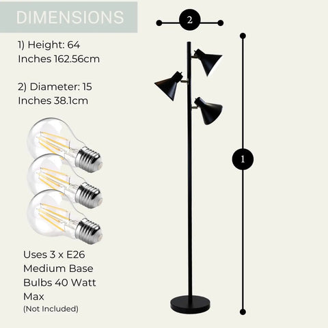 Black Tree Floor Lamp With Three Adjustable Heads For Living Room, Bedroom, And Office, Dope Modern Standing Pole Lamp