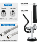 Built Different Commercial Sink Sprayer With 45 Inch Flexible Stainless Pre Rinse Hose and Heavy Duty Overhead Spring Replacement Kit showing adaptors and stainless steel components.