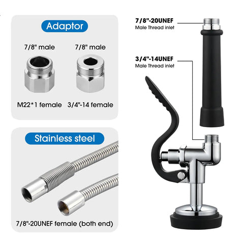 Built Different Commercial Sink Sprayer With 45 Inch Flexible Stainless Pre Rinse Hose and Heavy Duty Overhead Spring Replacement Kit showing adaptors and stainless steel components.