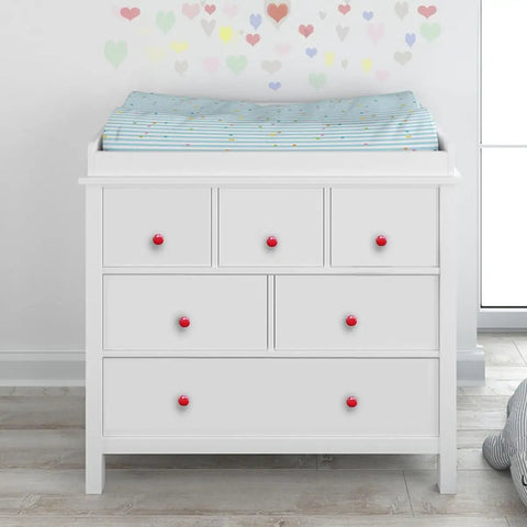 Dang Nice Vintage Round Ceramic Cabinet Knobs Rock Solid Kitchen And Bathroom Drawer Pulls Smooth Grip Red Hardware For Dresser Cupboard And Wardrobe With Four Screws Included on a white dresser with blue striped changing pad.