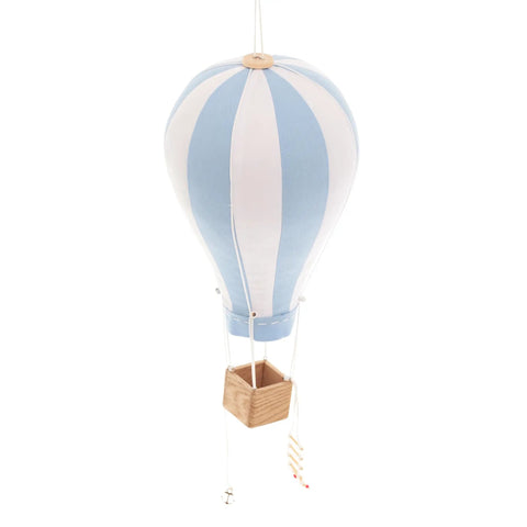 Handmade Hanging Hot Air Balloon Nursery Decor In Baby Blue For Kids Room Large 12 Inch Textile Ornament with oak basket