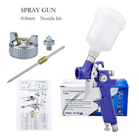 Lightweight Pneumatic Hvlp Spray Gun With 0 8 And 1 0 Mm Nozzles For Sweet Automotive Finishes kit showing 0.8mm nozzle, clear paint reservoir and parts.