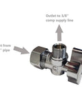 Beefy Brass One Quarter Turn Angle Stop Valve Chrome Plated Heavy Duty One Half In Nominal Five Eighths In OD Compression X Three Eighths In Compression Less Ferrule And Nut Ten Pack Contractor showing outlets and inlets