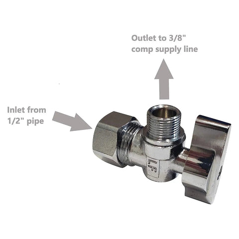 Beefy Brass One Quarter Turn Angle Stop Valve Chrome Plated Heavy Duty One Half In Nominal Five Eighths In OD Compression X Three Eighths In Compression Less Ferrule And Nut Ten Pack Contractor showing outlets and inlets