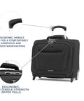 Maxlite 5 Softside Underseat Rolling Tote Two Wheel Carry On Bag with ergonomic handle and zipper pulls for easy maneuvering.