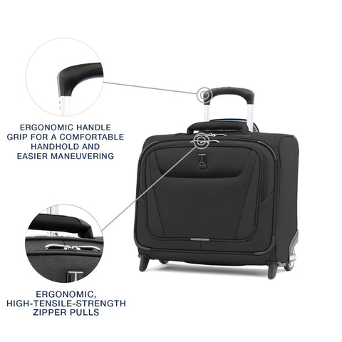 Maxlite 5 Softside Underseat Rolling Tote Two Wheel Carry On Bag with ergonomic handle and zipper pulls for easy maneuvering.