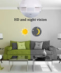 Light Bulb Cam With 360 Panoramic View Full HD 1080P Night Vision Dome in a living room showing day-night vision