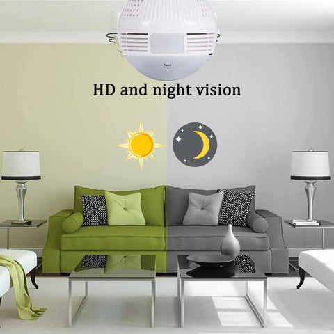 Light Bulb Cam With 360 Panoramic View Full HD 1080P Night Vision Dome in a living room showing day-night vision
