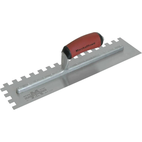 Pro Grade 16x4 Inch Two Sided Square Notched Tile Trowel With Riveted Steel Blade And Durasoft Handle For Even Thin Set Mortar Or Adhesive Application USA Made 711SD with red handle