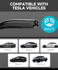 Straight Up Level 1 2 Electric Charger With 25 Foot Extension Cord And Slick Wifi App Tracking showing NACS compatible connector and Tesla models.
