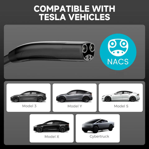 Straight Up Level 1 2 Electric Charger With 25 Foot Extension Cord And Slick Wifi App Tracking showing NACS compatible connector and Tesla models.