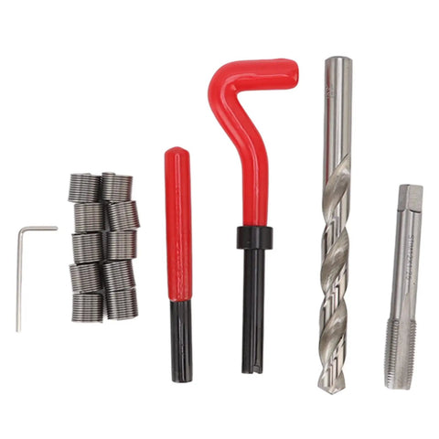 Heavy Duty M12 X 1.25 Thread Repair Kit With High Strength HSS Steel Inserts For Damaged Threads, Includes Drill Bits And Taps, Auto Engine Repair Tools With Red Handle. HSS inserts, drill bit, tap, and red tool handle