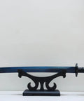 Solid Wood Sword Stand Display For Katana Wakizashi And Samurai Swords Black Finish Base Holder with a blue blade katana