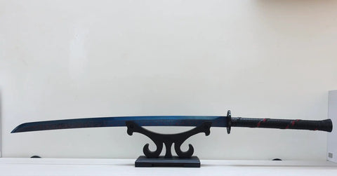 Solid Wood Sword Stand Display For Katana Wakizashi And Samurai Swords Black Finish Base Holder with a blue blade katana