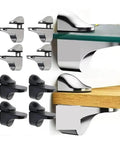 Beefed-Up Shelf Clamp Set 4 Pack for wood and glass in chrome and black, showing adjustable wall mount brackets on shelves