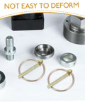 Heavy Duty Lynch Pin Set With Rings Spring Loaded Iron Fasteners For Trailers Trucks And Lawn Mowers Shaft Locking Pin Assortment Kit 8 Pieces Built To Take A Beating Dirt Resistant Mower Pin, shown with metal rings