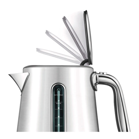 Side view of Smart Kettle Luxe 7-Cup Water Heater In Brushed Stainless Steel With Temperature Control For Perfect Tea Or Coffee Brew, lid open